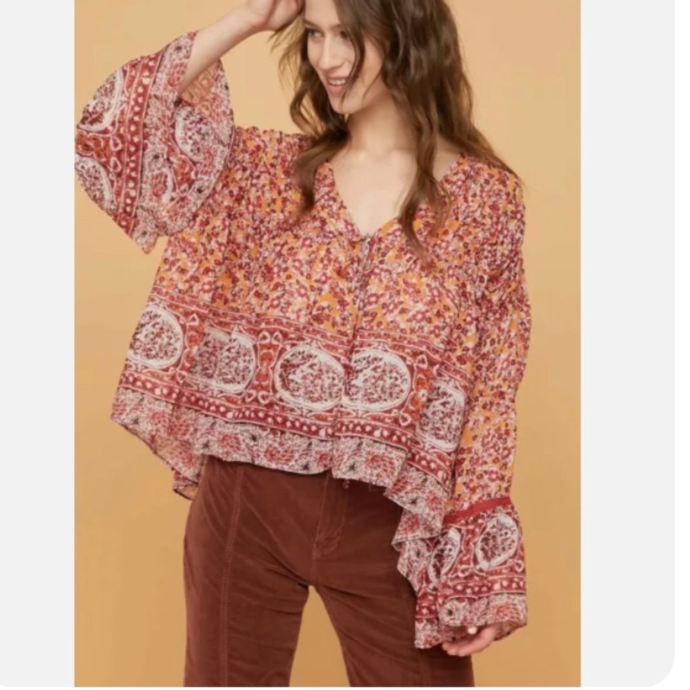NWT Free People Lorraine Printed Tie Front Kimono Top Blouse XS $148.